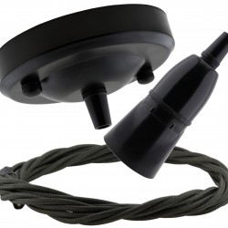 Ceiling Pendant Kit with Large Rose and B22 Skirted Lampholder in Black Finish with Khaki Green Flex