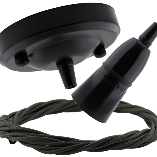 Ceiling Pendant Kit with Large Rose and B22 Skirted Lampholder in Black Finish with Khaki Green Flex Ceiling Pendant Kit with Large Rose and B22 Skirted Lampholder in Black Finish with Khaki Green Flex