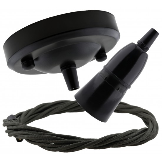 Ceiling Pendant Kit with Large Rose and B22 Skirted Lampholder in Black Finish with Khaki Green Flex Ceiling Pendant Kit with Large Rose and B22 Skirted Lampholder in Black Finish with Khaki Green Flex