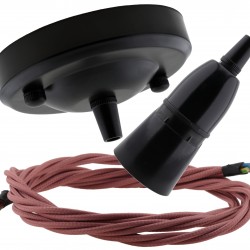 Ceiling Pendant Kit with Large Rose and B22 Skirted Lampholder in Black Finish with Dusky Pink Flex