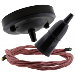 Ceiling Pendant Kit with Large Rose and B22 Skirted Lampholder in Black Finish with Dusky Pink Flex