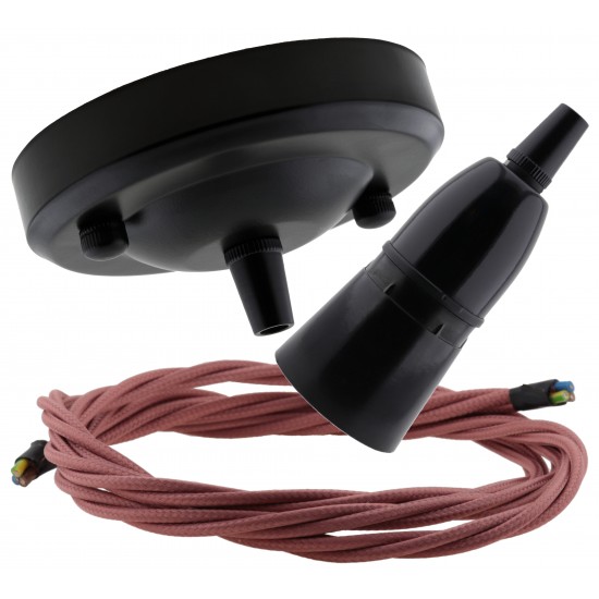 Ceiling Pendant Kit with Large Rose and B22 Skirted Lampholder in Black Finish with Dusky Pink Flex Ceiling Pendant Kit with Large Rose and B22 Skirted Lampholder in Black Finish with Dusky Pink Flex