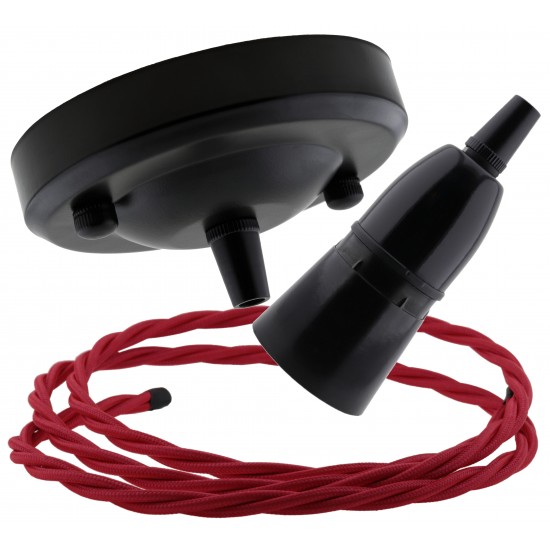Ceiling Pendant Kit with Large Rose and B22 Skirted Lampholder in Black Finish with Bright Red Flex Ceiling Pendant Kit with Large Rose and B22 Skirted Lampholder in Black Finish with Bright Red Flex