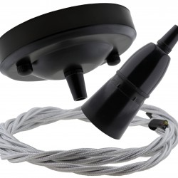Ceiling Pendant Kit with Large Rose and B22 Skirted Lampholder in Black Finish with Silver Grey Flex
