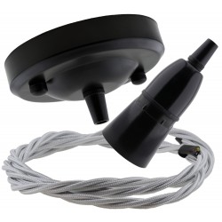 Ceiling Pendant Kit with Large Rose and B22 Skirted Lampholder in Black Finish with Silver Grey Flex