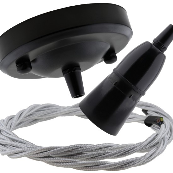 Ceiling Pendant Kit with Large Rose and B22 Skirted Lampholder in Black Finish with Silver Grey Flex Ceiling Pendant Kit with Large Rose and B22 Skirted Lampholder in Black Finish with Silver Grey Flex