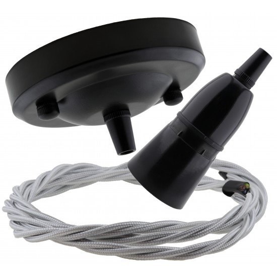 Ceiling Pendant Kit with Large Rose and B22 Skirted Lampholder in Black Finish with Silver Grey Flex Ceiling Pendant Kit with Large Rose and B22 Skirted Lampholder in Black Finish with Silver Grey Flex