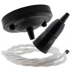 Ceiling Pendant Kit with Large Rose and B22 Skirted Lampholder in Black Finish with White Flex