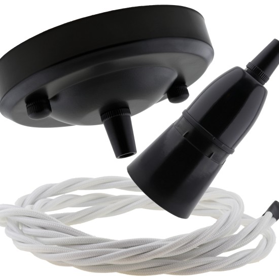 Ceiling Pendant Kit with Large Rose and B22 Skirted Lampholder in Black Finish with White Flex