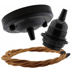 Ceiling Pendant Kit with Large Rose and E27 Lampholder in Matte Black Finish with Antique Gold Flex