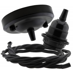 Ceiling Pendant Kit with Large Rose and E27 Lampholder in Matte Black Finish with Black Flex Ceiling Pendant Kit with Large Rose and E27 Lampholder in Matte Black Finish with Black Flex