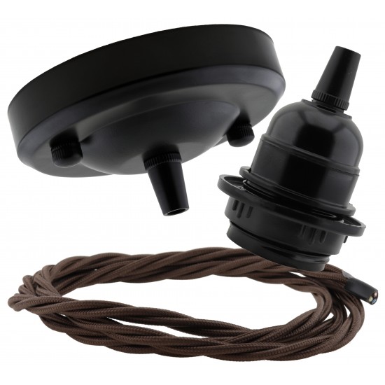 Ceiling Pendant Kit with Large Rose and E27 Lampholder in Matte Black Finish with Bronze Flex Ceiling Pendant Kit with Large Rose and E27 Lampholder in Matte Black Finish with Bronze Flex