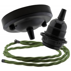 Ceiling Pendant Kit with Large Rose and E27 Lampholder in Matte Black Finish with Gold Flex