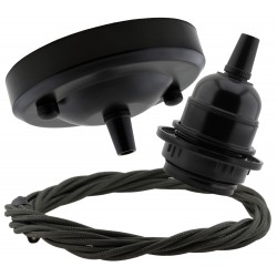 Ceiling Pendant Kit with Large Rose and E27 Lampholder in Matte Black Finish with Khaki Green Flex