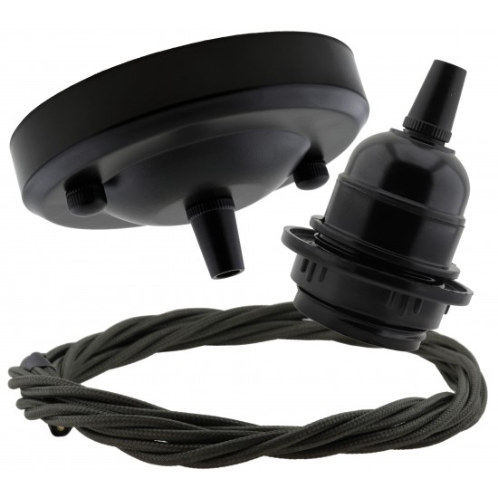 Ceiling Pendant Kit with Large Rose and E27 Lampholder in Matte Black Finish with Khaki Green Flex Ceiling Pendant Kit with Large Rose and E27 Lampholder in Matte Black Finish with Khaki Green Flex