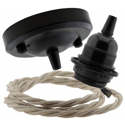 Ceiling Pendant Kit with Large Rose and E27 Lampholder in Matte Black Finish with Linen Effect Flex