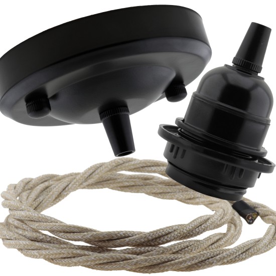 Ceiling Pendant Kit with Large Rose and E27 Lampholder in Matte Black Finish with Linen Effect Flex Ceiling Pendant Kit with Large Rose and E27 Lampholder in Matte Black Finish with Linen Effect Flex