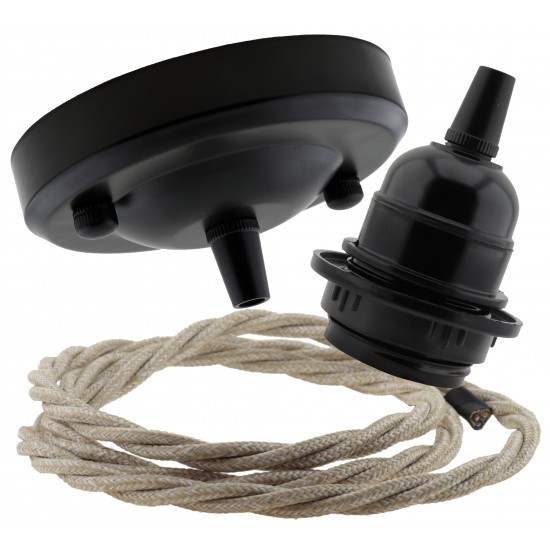 Ceiling Pendant Kit with Large Rose and E27 Lampholder in Matte Black Finish with Linen Effect Flex Ceiling Pendant Kit with Large Rose and E27 Lampholder in Matte Black Finish with Linen Effect Flex