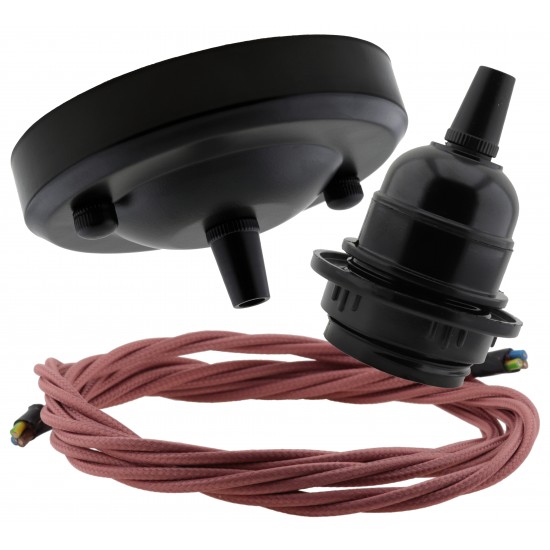 Ceiling Pendant Kit with Large Rose and E27 Lampholder in Matte Black Finish with Mocha Brown Flex