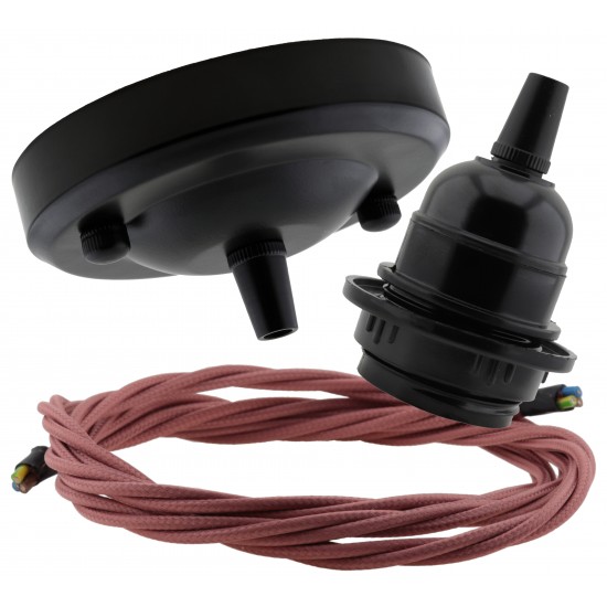 Ceiling Pendant Kit with Large Rose and E27 Lampholder in Matte Black Finish with Mocha Brown Flex Ceiling Pendant Kit with Large Rose and E27 Lampholder in Matte Black Finish with Mocha Brown Flex
