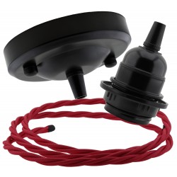 Ceiling Pendant Kit with Large Rose and E27 Lampholder in Matte Black Finish with Rich Burgundy Flex