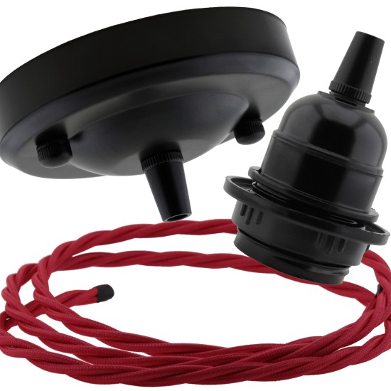 Ceiling Pendant Kit with Large Rose and E27 Lampholder in Matte Black Finish with Rich Burgundy Flex Ceiling Pendant Kit with Large Rose and E27 Lampholder in Matte Black Finish with Rich Burgundy Flex