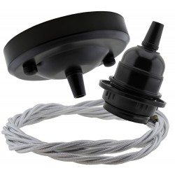 Ceiling Pendant Kit with Large Rose and E27 Lampholder in Matte Black Finish with Silver Grey Flex