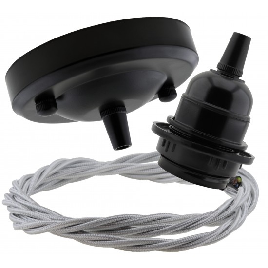 Ceiling Pendant Kit with Large Rose and E27 Lampholder in Matte Black Finish with Silver Grey Flex Ceiling Pendant Kit with Large Rose and E27 Lampholder in Matte Black Finish with Silver Grey Flex