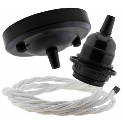 Ceiling Pendant Kit with Large Rose and E27 Lampholder in Matte Black Finish with White Flex