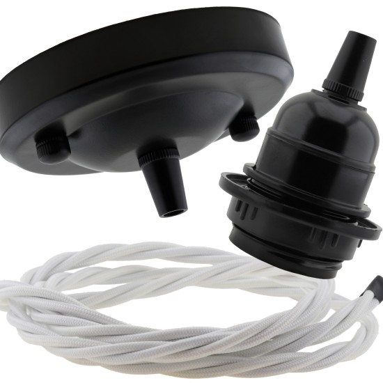 Ceiling Pendant Kit with Large Rose and E27 Lampholder in Matte Black Finish with White Flex Ceiling Pendant Kit with Large Rose and E27 Lampholder in Matte Black Finish with White Flex