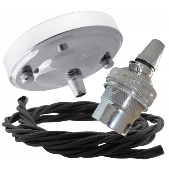Ceiling Pendant Kit with Large Silver Nickel Rose and B22 Lampholder with Black Flex Ceiling Pendant Kit with Large Silver Nickel Rose and B22 Lampholder with Black Flex