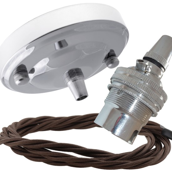 Ceiling Pendant Kit with Large Rose and B22 Lampholder in Silver Nickel Finish with Mocha Brown Flex