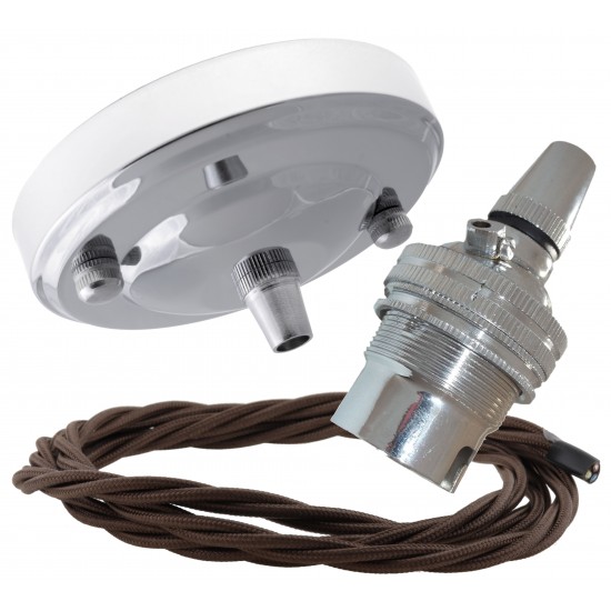 Ceiling Pendant Kit with Large Rose and B22 Lampholder in Silver Nickel Finish with Mocha Brown Flex Ceiling Pendant Kit with Large Rose and B22 Lampholder in Silver Nickel Finish with Mocha Brown Flex