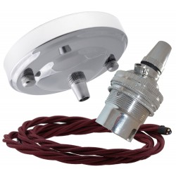 Ceiling Pendant Kit with Large Rose and B22 Lampholder in Silver Nickel Finish with Rich Burgundy Flex