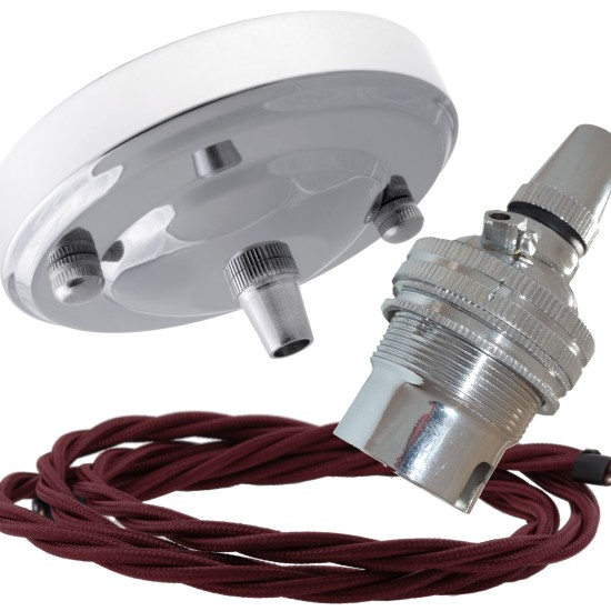 Ceiling Pendant Kit with Large Rose and B22 Lampholder in Silver Nickel Finish with Rich Burgundy Flex
