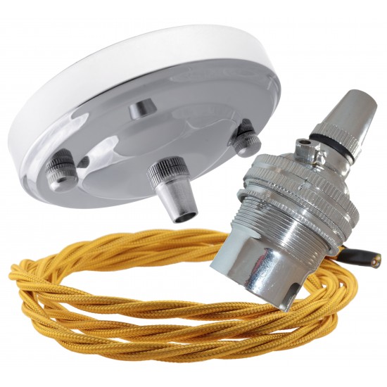 Ceiling Pendant Kit with Large Rose and B22 Lampholder in Silver Nickel Finish with Gold Flex Ceiling Pendant Kit with Large Rose and B22 Lampholder in Silver Nickel Finish with Gold Flex
