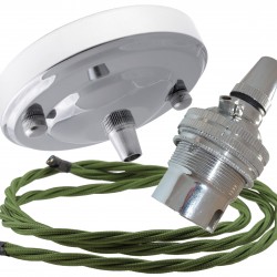 Ceiling Pendant Kit with Large Rose and B22 Lampholder in Silver Nickel Finish with Green Flex