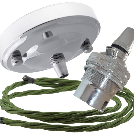 Ceiling Pendant Kit with Large Rose and B22 Lampholder in Silver Nickel Finish with Green Flex