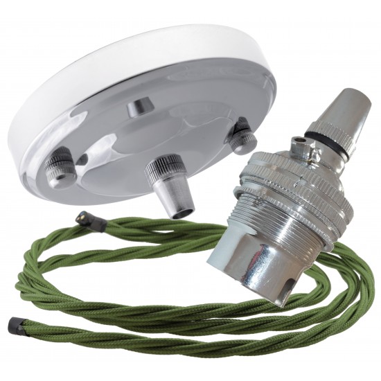 Ceiling Pendant Kit with Large Rose and B22 Lampholder in Silver Nickel Finish with Green Flex Ceiling Pendant Kit with Large Rose and B22 Lampholder in Silver Nickel Finish with Green Flex