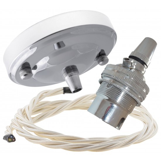 Ceiling Pendant Kit with Large Rose and B22 Lampholder in Silver Nickel Finish with Classic Ivory Flex Ceiling Pendant Kit with Large Rose and B22 Lampholder in Silver Nickel Finish with Classic Ivory Flex
