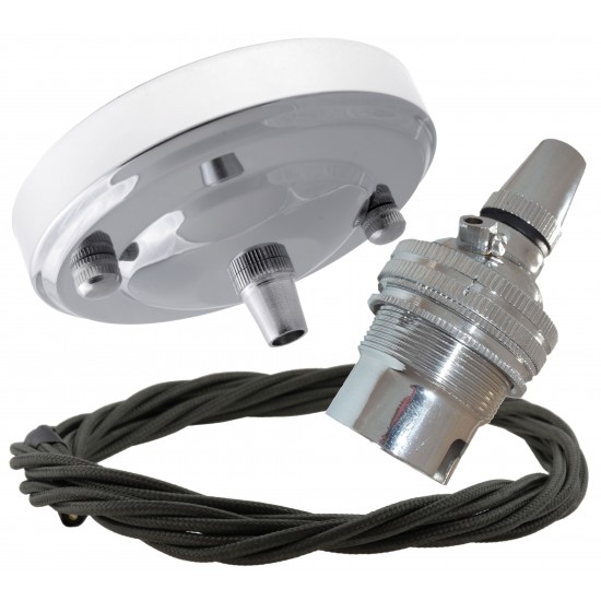 Ceiling Pendant Kit with Large Rose and B22 Lampholder in Silver Nickel Finish with Khaki Green Flex Ceiling Pendant Kit with Large Rose and B22 Lampholder in Silver Nickel Finish with Khaki Green Flex