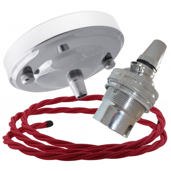 Ceiling Pendant Kit with Large Rose and B22 Lampholder in Silver Nickel Finish with Bright Red Flex Ceiling Pendant Kit with Large Rose and B22 Lampholder in Silver Nickel Finish with Bright Red Flex