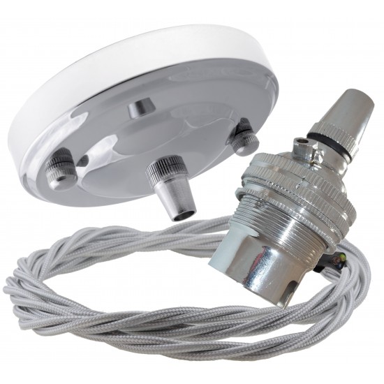 Ceiling Pendant Kit with Large Rose and B22 Lampholder in Silver Nickel Finish with Silver Grey Flex Ceiling Pendant Kit with Large Rose and B22 Lampholder in Silver Nickel Finish with Silver Grey Flex