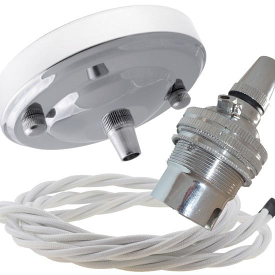Ceiling Pendant Kit with Large Rose and B22 Lampholder in Silver Nickel Finish with White Flex