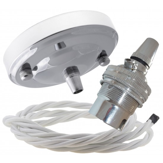 Ceiling Pendant Kit with Large Rose and B22 Lampholder in Silver Nickel Finish with White Flex Ceiling Pendant Kit with Large Rose and B22 Lampholder in Silver Nickel Finish with White Flex