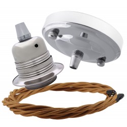 Ceiling Pendant Kit with Large Silver Rose and E27 Lampholder in Silver Nickel Finish with Antique Gold Flex