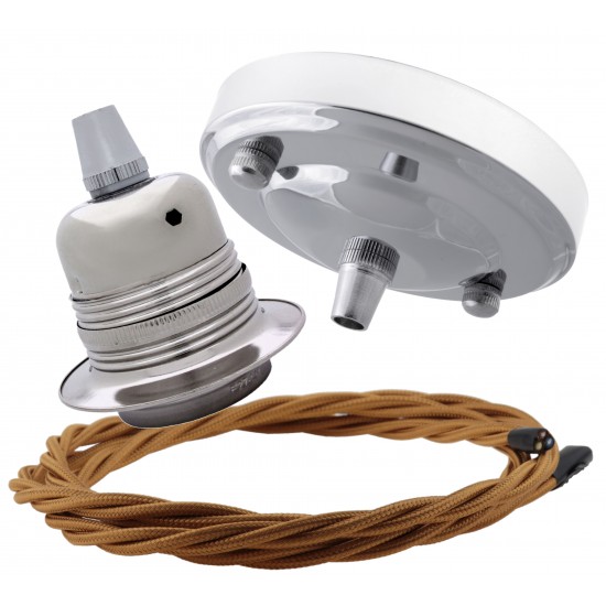 Ceiling Pendant Kit with Large Silver Rose and E27 Lampholder in Silver Nickel Finish with Antique Gold Flex Ceiling Pendant Kit with Large Silver Rose and E27 Lampholder in Silver Nickel Finish with Antique Gold Flex