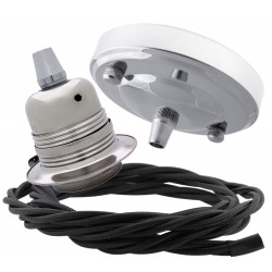 Ceiling Pendant Kit with Large Silver Rose and E27 Lampholder in Silver Nickel Finish with Black Flex