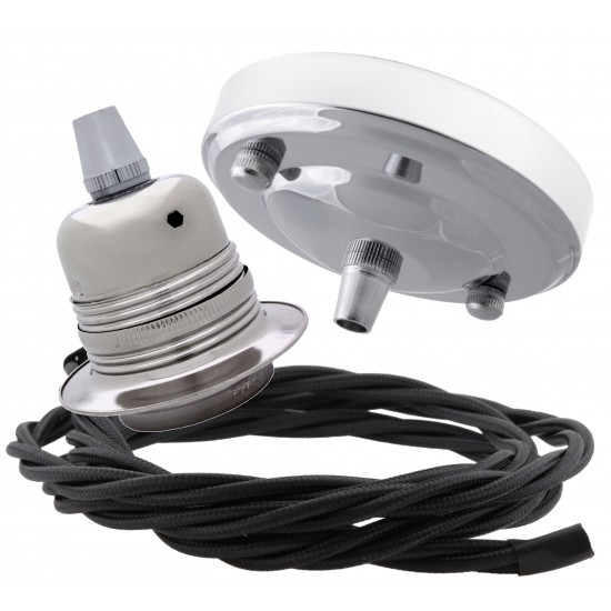 Ceiling Pendant Kit with Large Silver Rose and E27 Lampholder in Silver Nickel Finish with Black Flex Ceiling Pendant Kit with Large Silver Rose and E27 Lampholder in Silver Nickel Finish with Black Flex