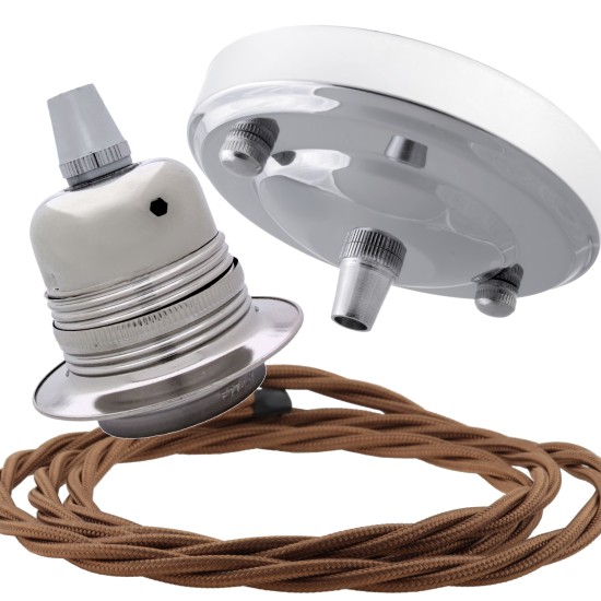 Ceiling Pendant Kit with Large Silver Rose and E27 Lampholder in Silver Nickel Finish with Bronze Flex